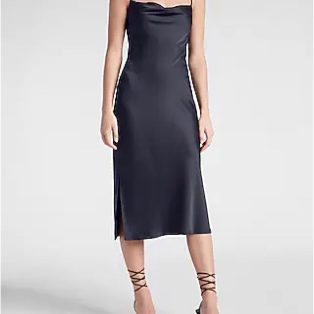 Express Satin Cowl Neck Midi Slip Dress
Color: Navy Blue